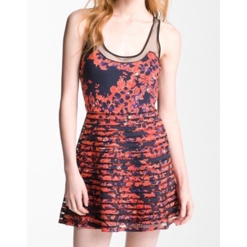 Parker Floral Silk Mini Dress Womens Medium Sleeveless Mesh Trim Excellent